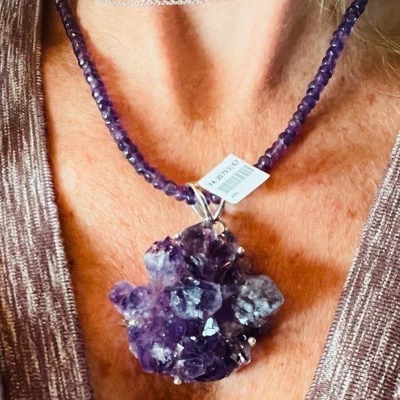 Real Druzy Amethyst NWT statement piece necklace pendant set in genuine silver - Picture 1 of 10